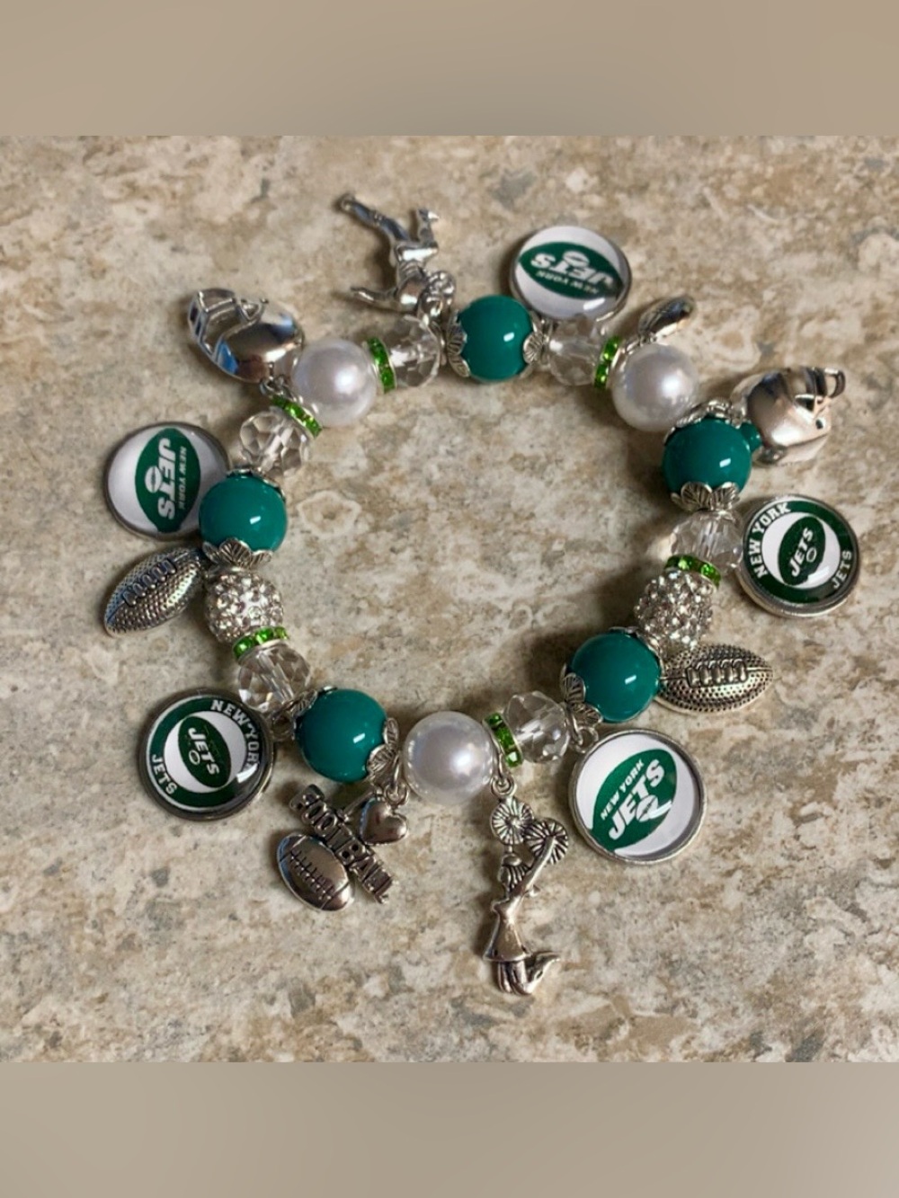 Green and White New York Jets football team bracelet with team charms